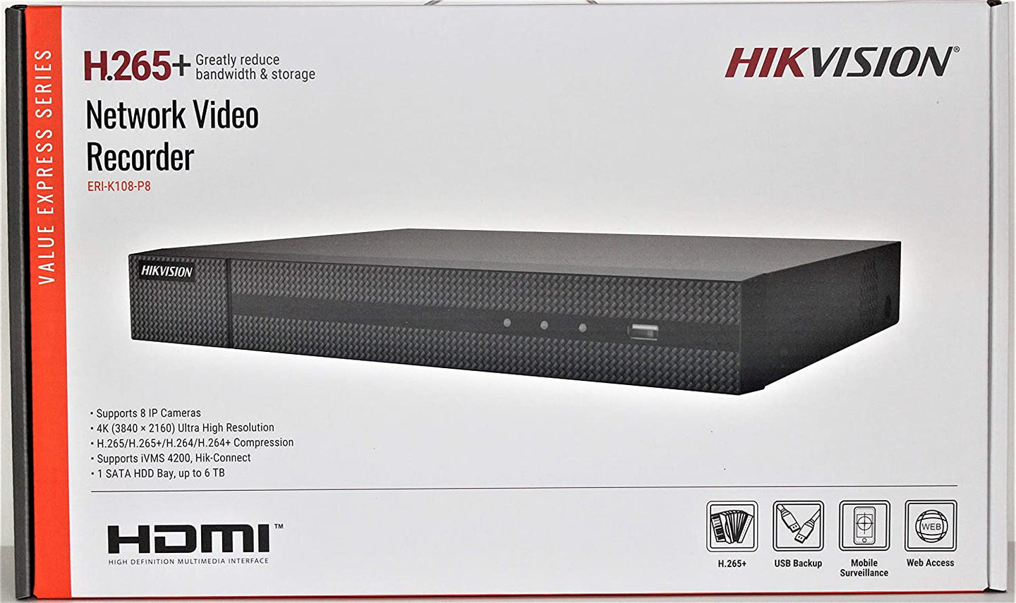 ERI-K108-P8  HIKVISION 8CH NVR H.265+ PoE with 2TB Hard Drive Up to 4K IP Camera