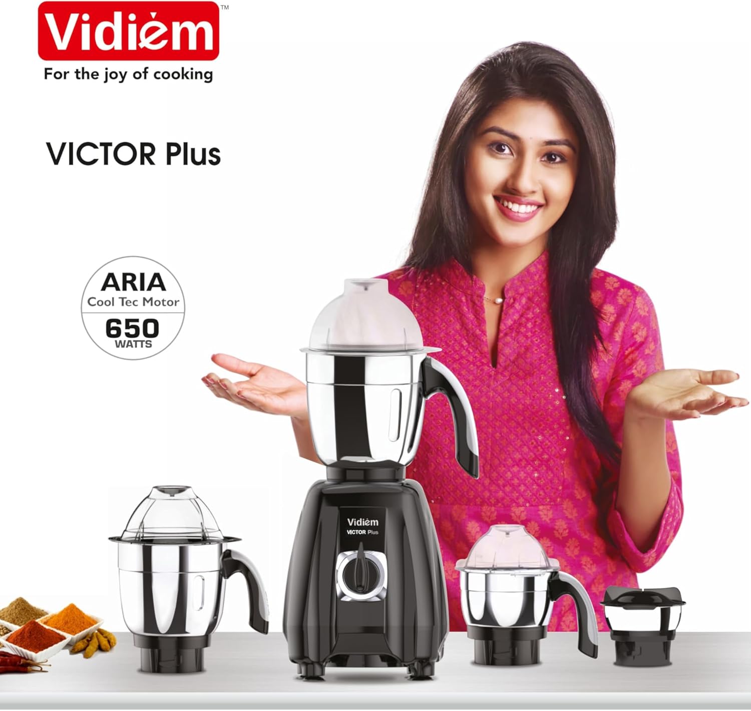 Vidiem Victor Plus Mixer Grinder 110V – 650W UL Certified Motor – 4 Stainless Steel Jars – For Canada & USA – Durable ABS Body, Self-Locking Jars – Wet & Dry Grinding