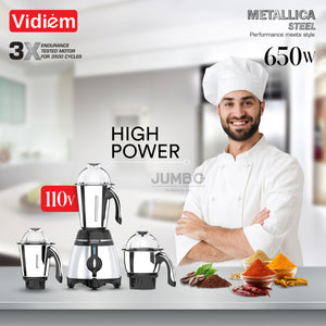 Vidiem Metallica STEELE 650W / 110V Stainless Steel Jars - Indian Mixer Grinder with, Spice & Coffee grinder Jar for use in Canada / USA