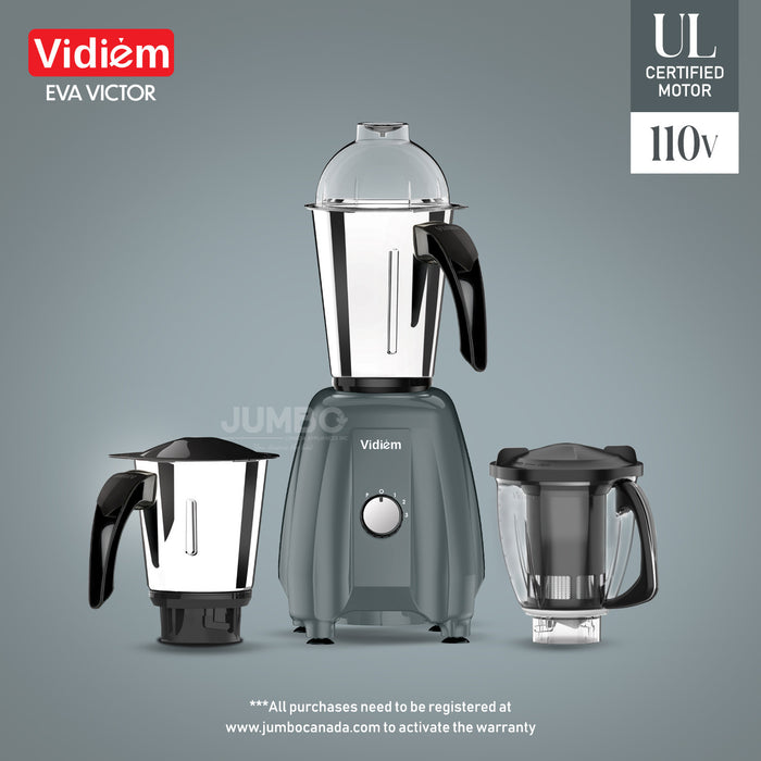 Vidiem Eva VICTOR 650W / 110V Stainless Steel Jars - Indian Mixer Grinder, Spice & Coffee grinder for use in Canada / USA