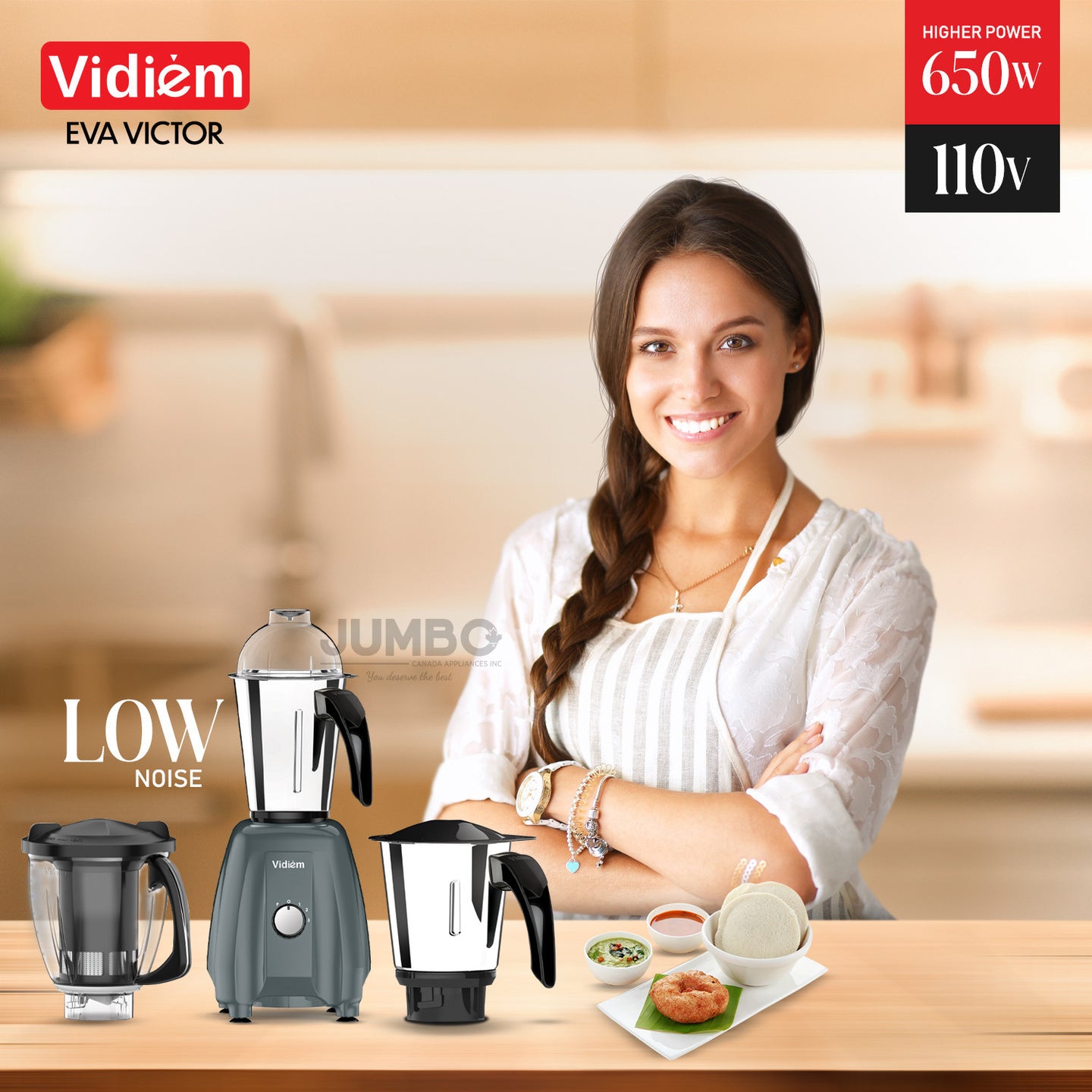 Vidiem Eva VICTOR 650W / 110V Stainless Steel Jars - Indian Mixer Grinder, Spice & Coffee grinder for use in Canada / USA