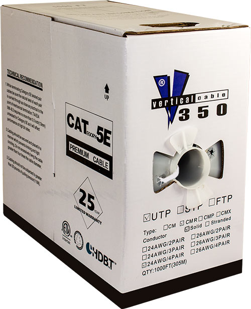vertical cable Category-5E, 24AWG, UTP, 8C Solid Bare Copper, 350MHz, Riser Rated, PVC Jacket, White, 1000ft. Pull Box (1000 ft/300 m Box)