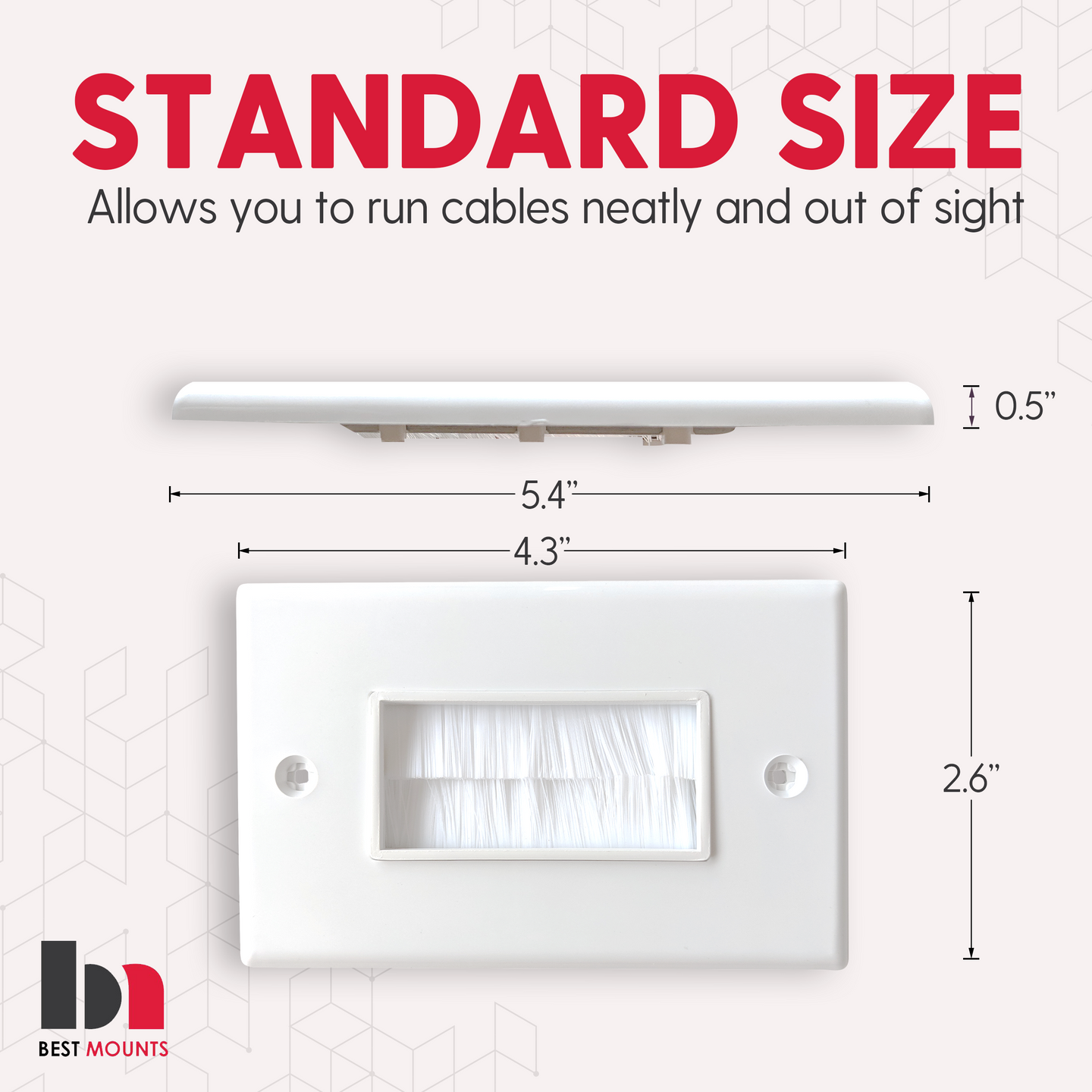 BestMounts - Single Gang Brush Wall Plate (1-Pack), Pass Through Brush Style Opening Low Voltage Cable Plate in-Wall Installation for Speaker Wires, Coaxial Cables, HDMI Cables, or Network/Phone Cables- White