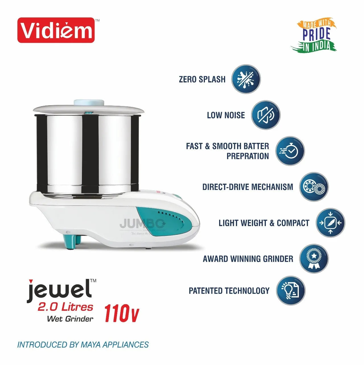 Vidiem Jewel-ST 2-Liter Wet Grinder Stainless Steel Drum, Stone Rollers, 110-Volt