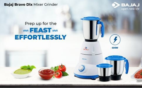 Bajaj Bravo Dlx Indian Mixer Grinder, 500W, Stainless Steel Jars - Indian Mixer Grinder, Spice & Coffee grinder 110V for use in Canada / USA