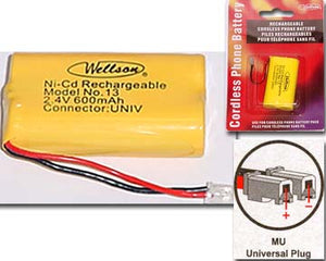 NI-CD 2 x AA Rechargeable Cordless Phone Battery - 2.4V 600mAh, Universal Plug