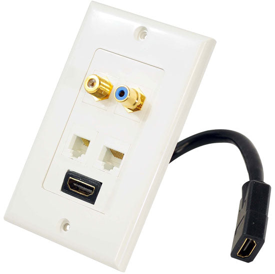 HDMI + RJ11 + RJ45 + Coaxial + RCA Wall Plate with Back Built-in Flexible Cable (White)