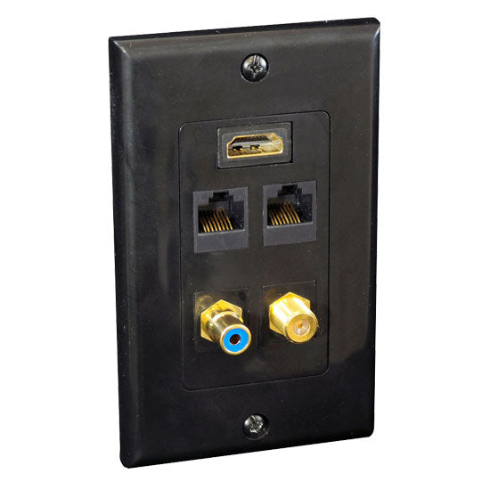 HDMI + Mono RCA Audio + Coaxial + Dual Ethernet Wall Plate (Black)