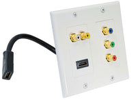 Dual HDMI + 2 RCA + 3 RCA Wall Plate with Back Pigtail Plug (White)
