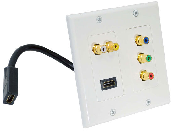 Dual HDMI + 2 RCA + 3 RCA Wall Plate with Back Pigtail Plug (White)