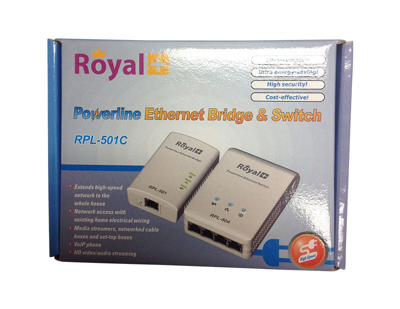 RoyalPlus HomePlug AV 500 Mbps Powerline 4-Port Network Bridge (2 Pieces)